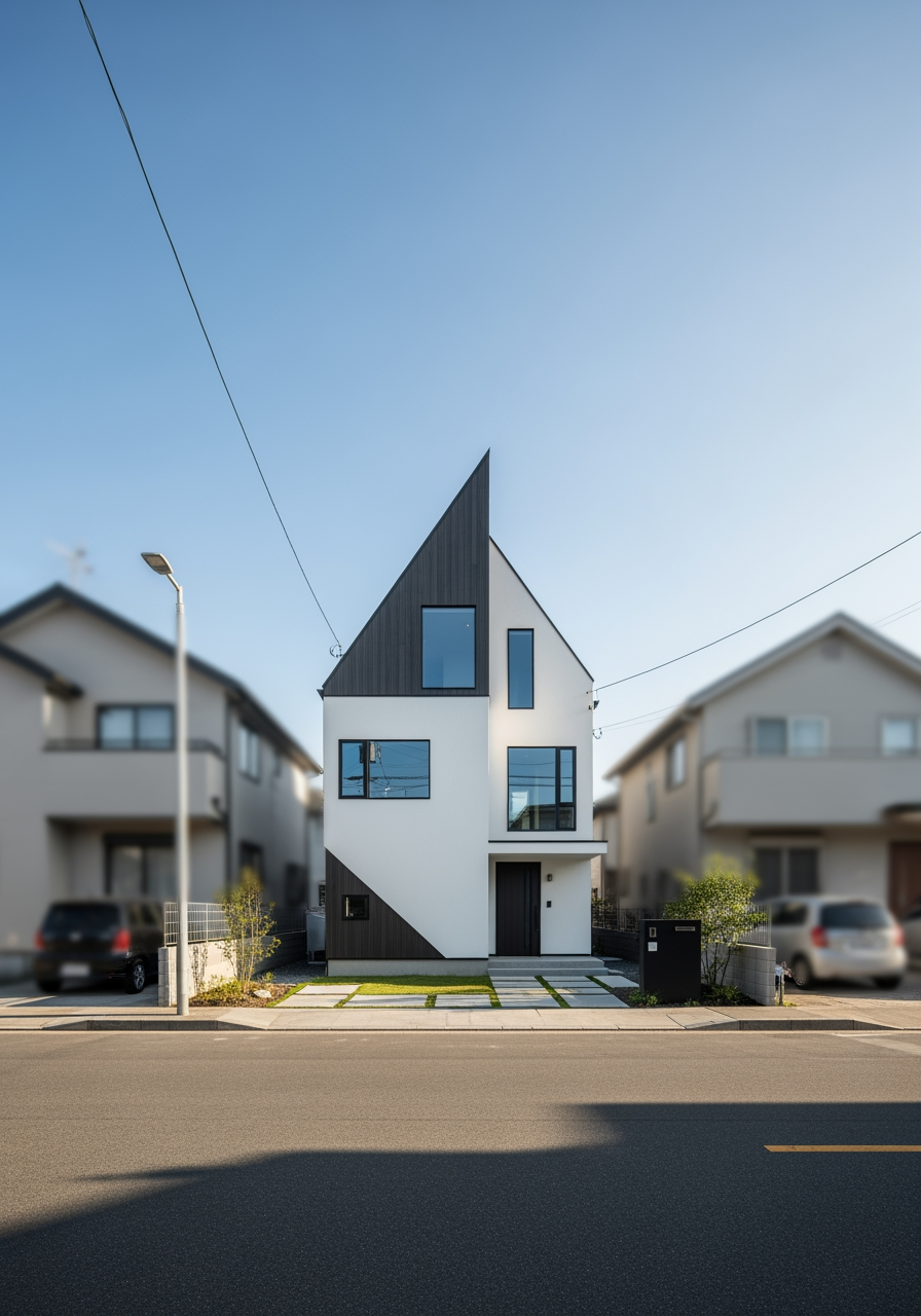 A unique modern house stands in sharp focus on a street, while other generic houses are blurred, symbolizing a precise search result.