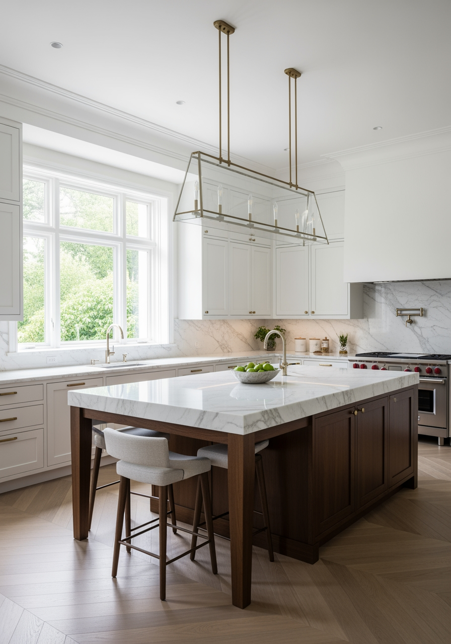 A spacious and modern kitchen with a prominent, elegant kitchen island, representing a specific desired home feature.