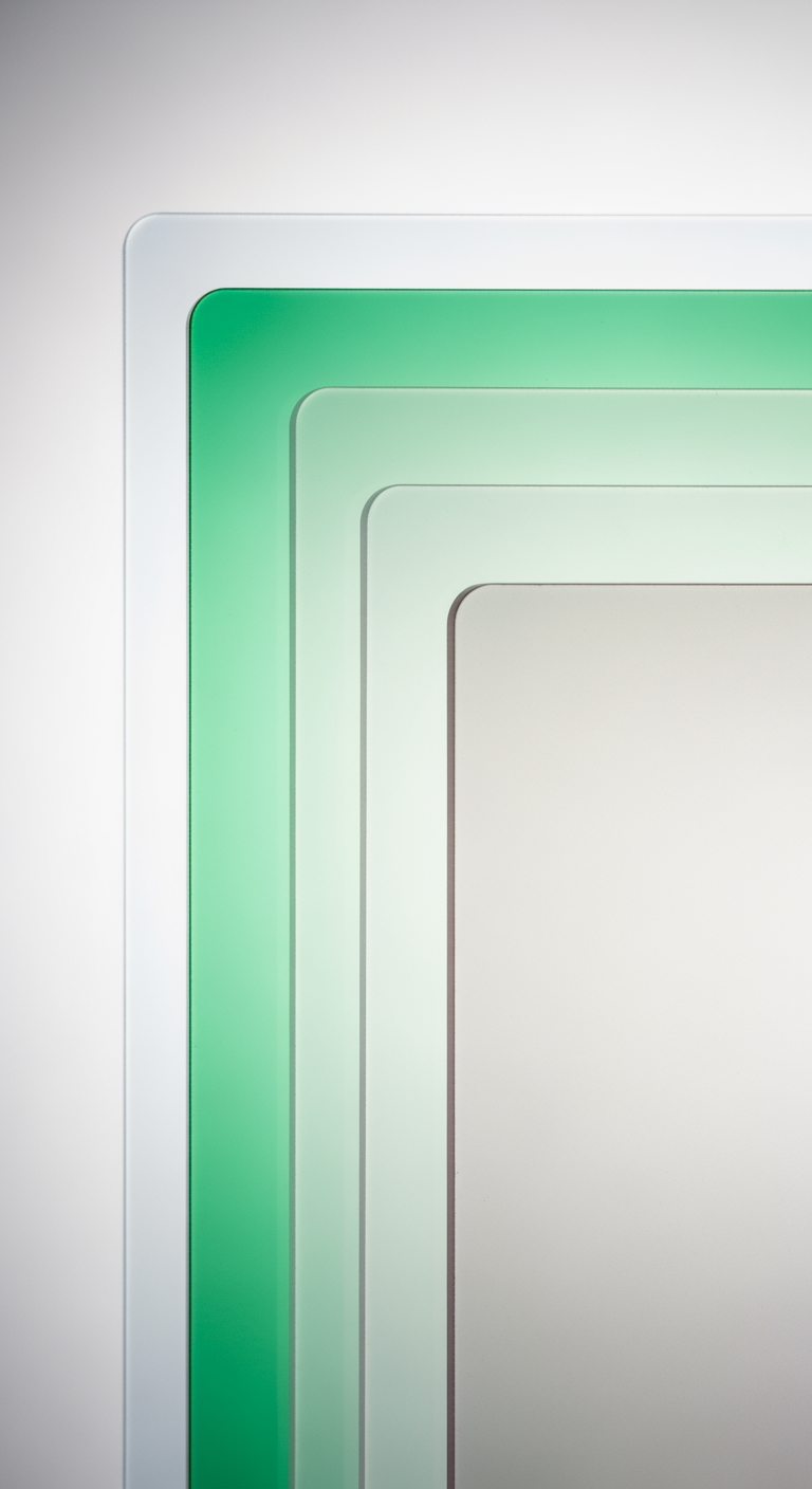 An abstract macro image of overlapping frosted panes in a green and white gradient, symbolizing the concept of an energy performance certificate.