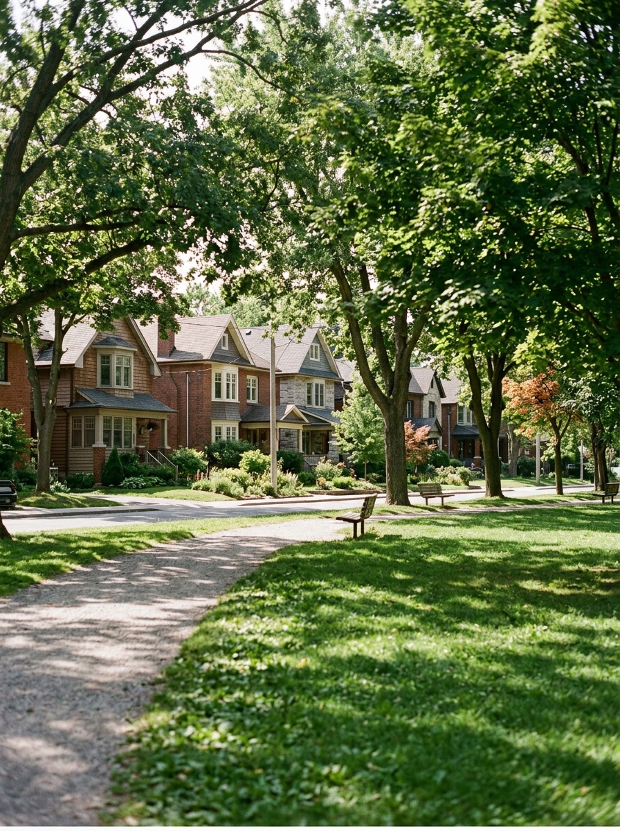 A view from inside a sunny park looking towards a street of charming, unique homes, representing a desirable neighborhood lifestyle.