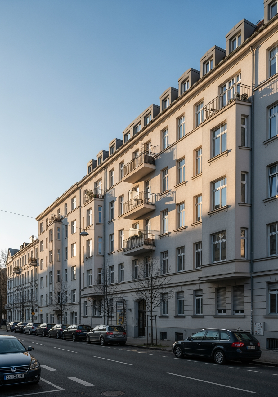 The exterior of a valuable, multi-story European residential property in the morning sun.