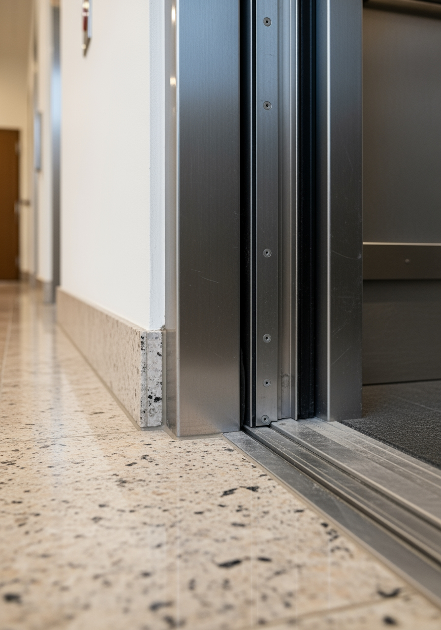 A close-up of the base of a new elevator, showing the precise installation and quality materials.