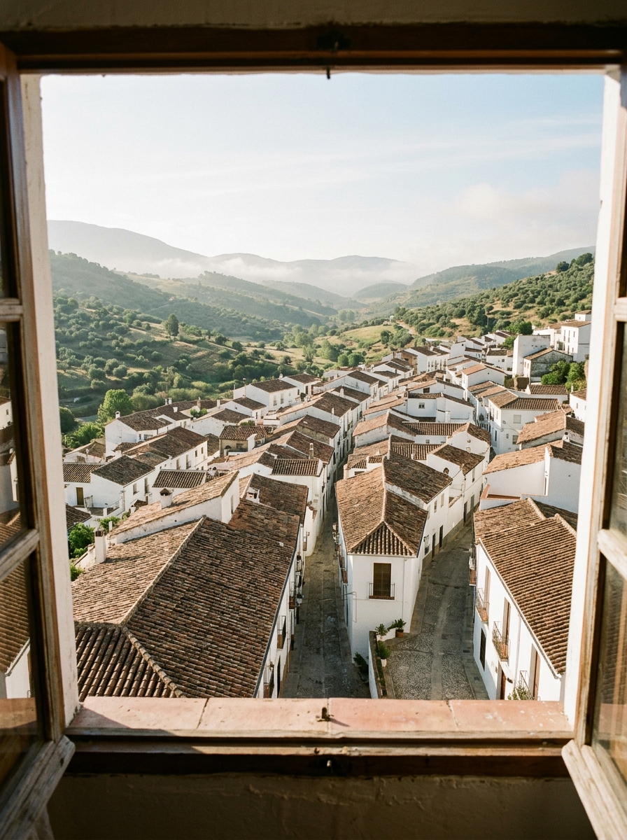 A view over the terracotta roofs and whitewashed buildings of a quiet Spanish town in a valley.