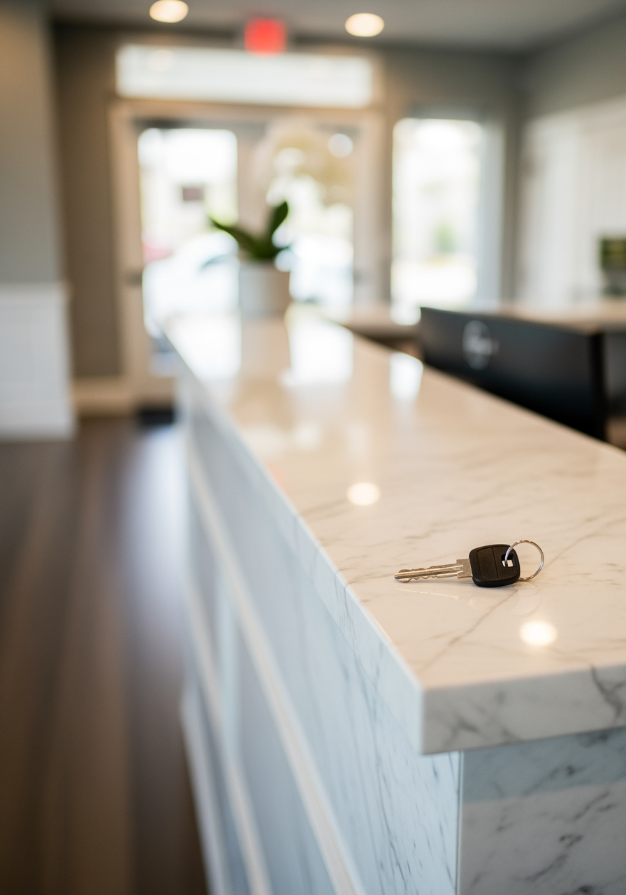 A single modern house key on a marble desk in a real estate office, symbolizing successful lead conversion.