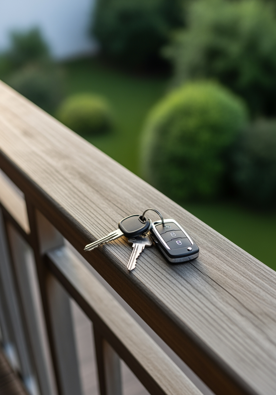 A set of modern house keys resting on a balcony railing, with a peaceful, out-of-focus garden visible in the background.