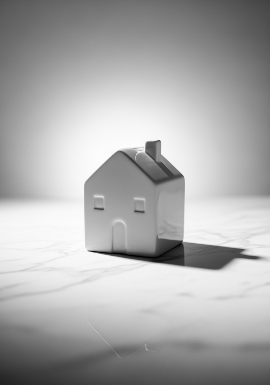 A low-angle shot of a house-shaped piggy bank on a marble surface, representing a financial health check for a second home.