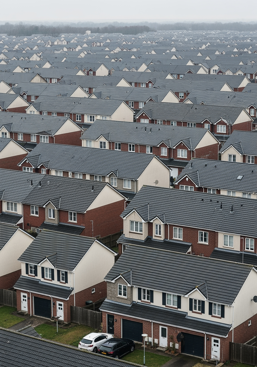 An overhead view of a monotonous and confusing maze of identical suburban houses, representing a frustrating search.