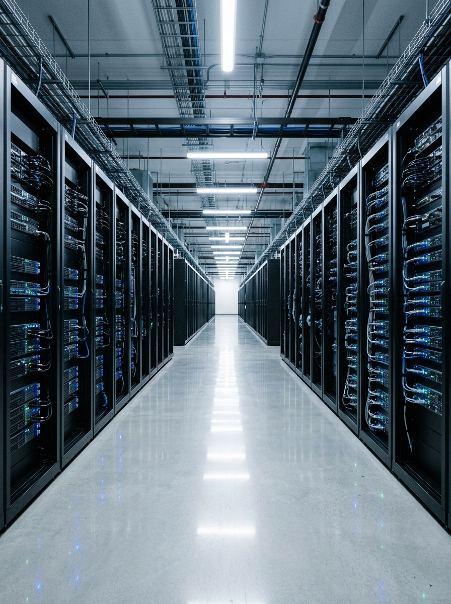 A wide-angle view looking down a long, empty aisle in a modern data center with blinking server racks, representing the future of property data workflows.