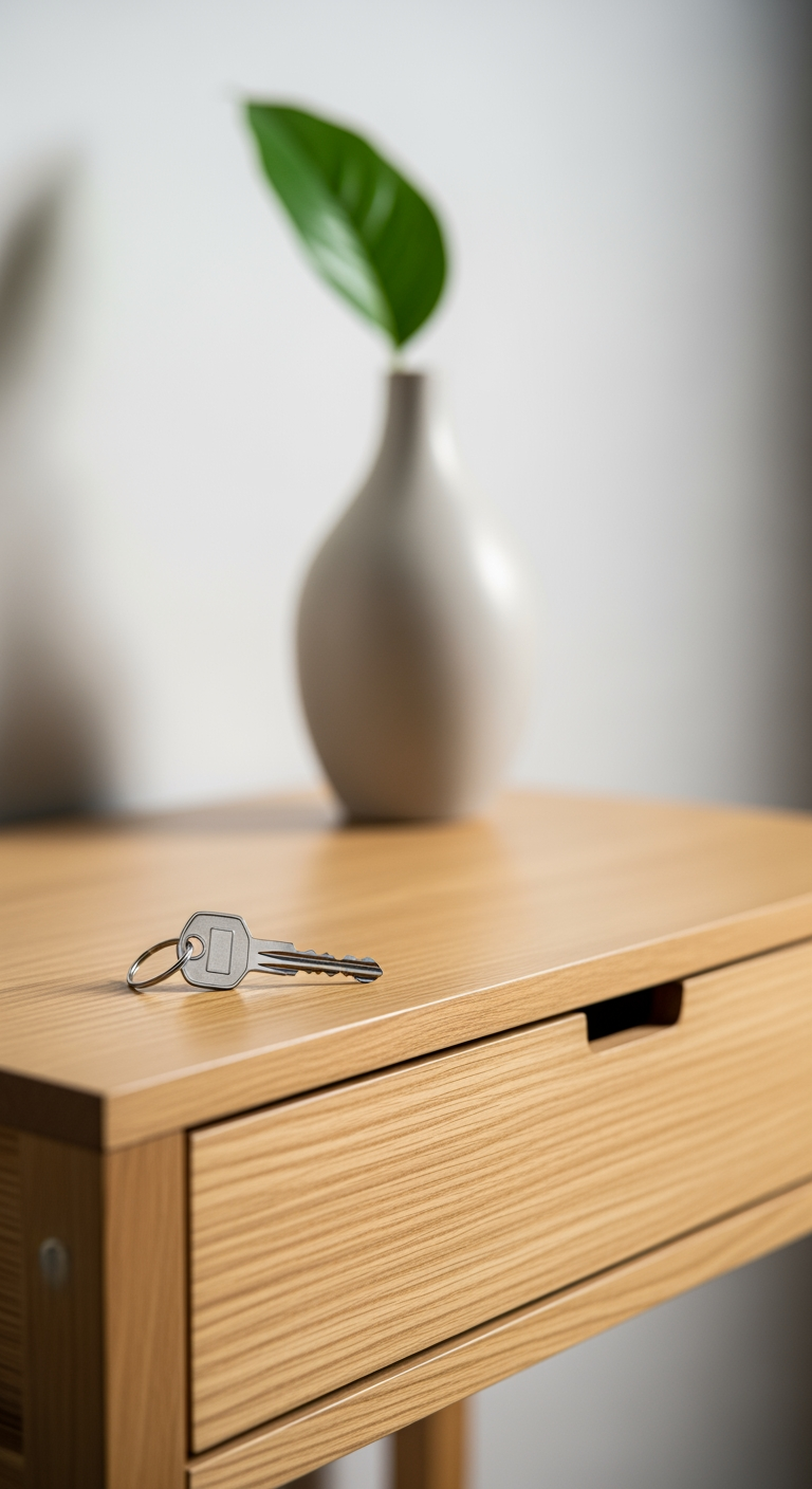 A single modern house key and a minimalist vase with one leaf resting on a wooden table, signifying a successful outcome and a confirmed decision.