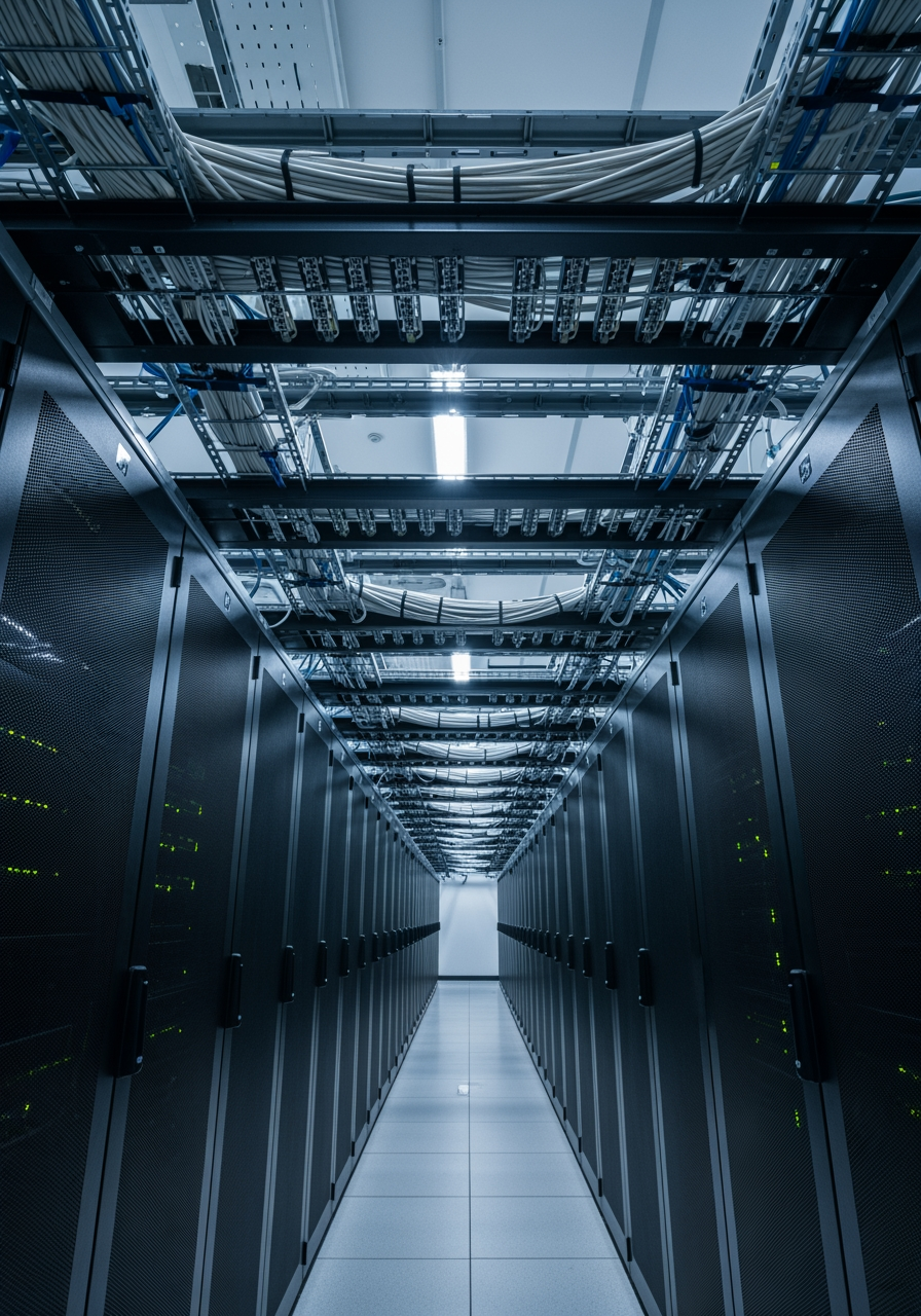 A wide, low-angle shot looking up at a long row of neatly organized server racks in a large data center.