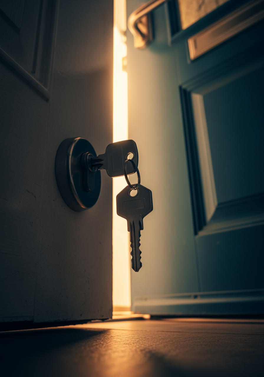 A low-angle shot looking up at keys in the lock of a front door, symbolizing the final decision and taking ownership of a new home.