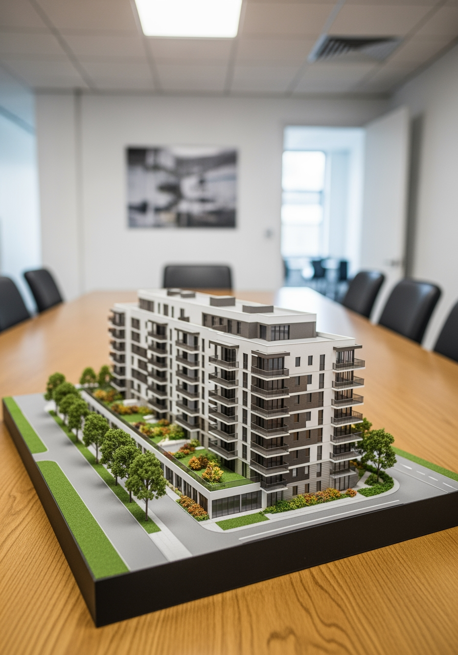 A detailed architectural model of an apartment building on a conference table, symbolizing the precise results of a successful property search.