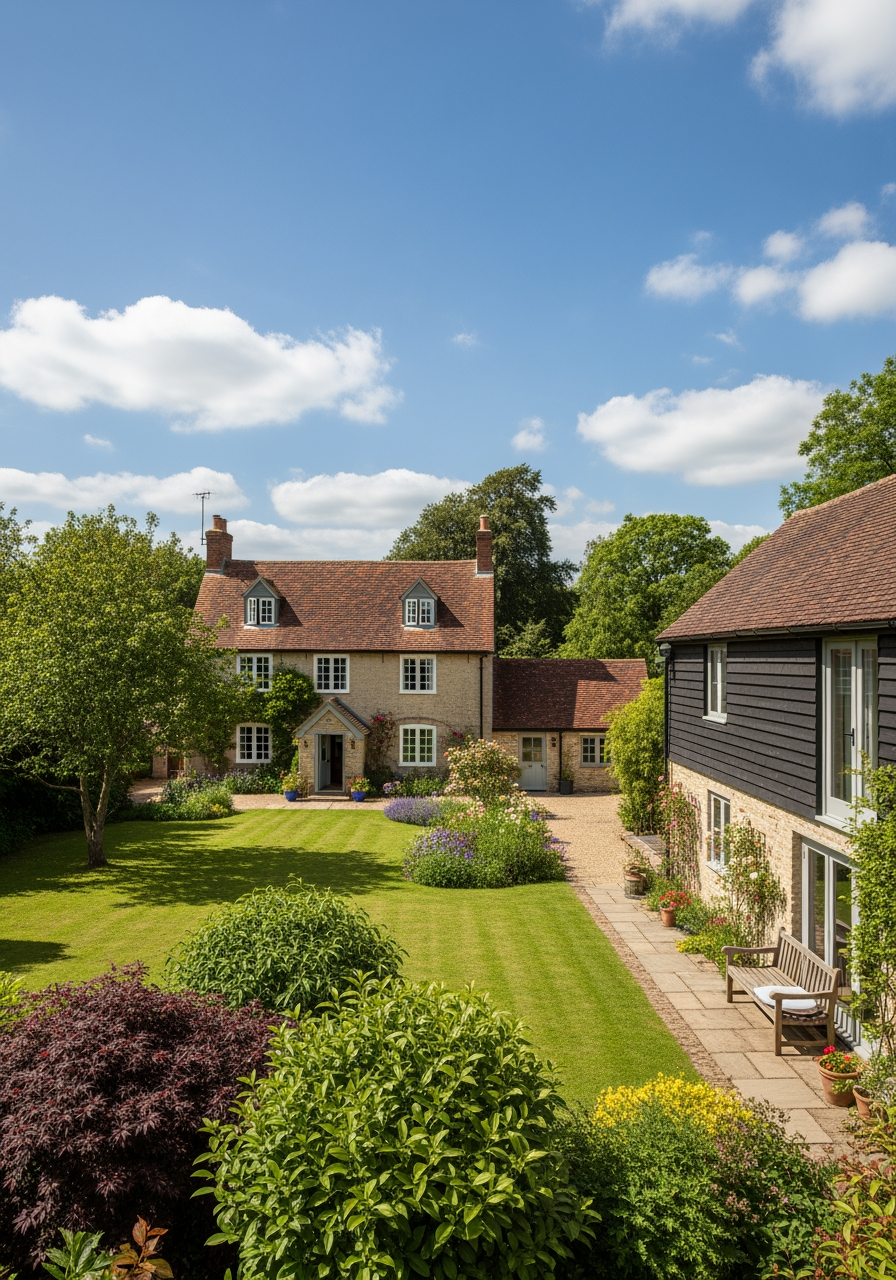 A wide-angle view from a garden of a country house with a separate guest annex, a specific property feature one might search for.
