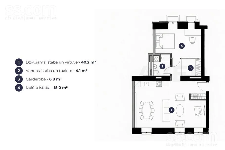 Appartement 2 pièces à Rīga