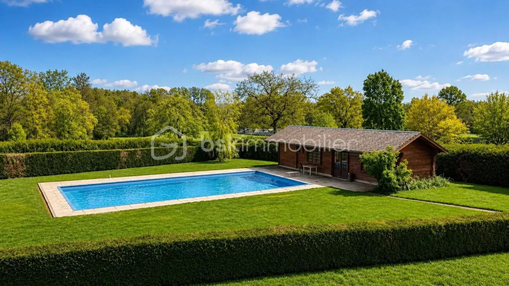 Vue aérienne - Maison de Maître avec Piscine et Parc à Écueillé