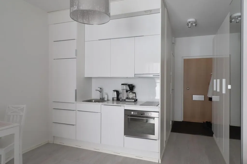 Kitchen - Bright Studio with French Balcony in Korteniitty