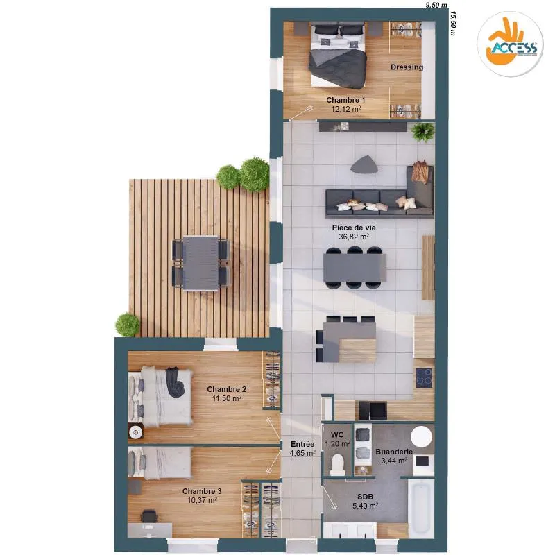 Plan - Maison Neuve de 3 Chambres avec Jardin à Construire