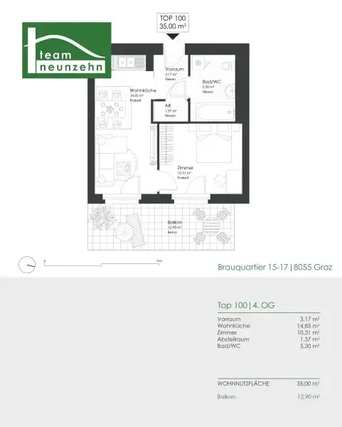 Floor Plan - 2-Bedroom Apartment with Balcony in Brauquartier, Graz