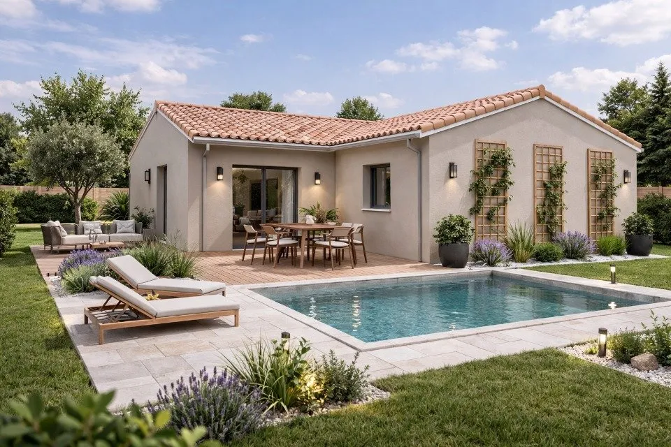 Pool - New L-Shaped House with Garden in Estillac