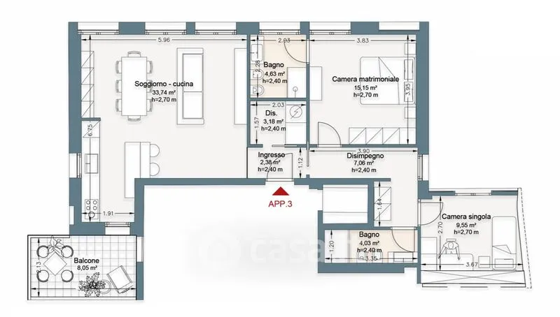 Planimetria - Rusticated Apartment with Balcony in Florence