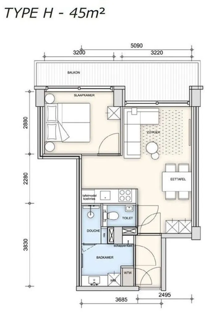 Plan - 2-Bedroom Apartment with Balcony in Delft