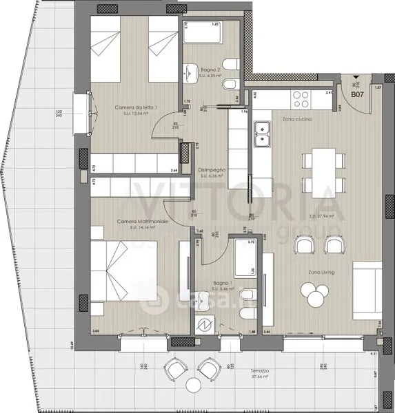 Plan - Trilocale with 38m² Terrace in Bergamo