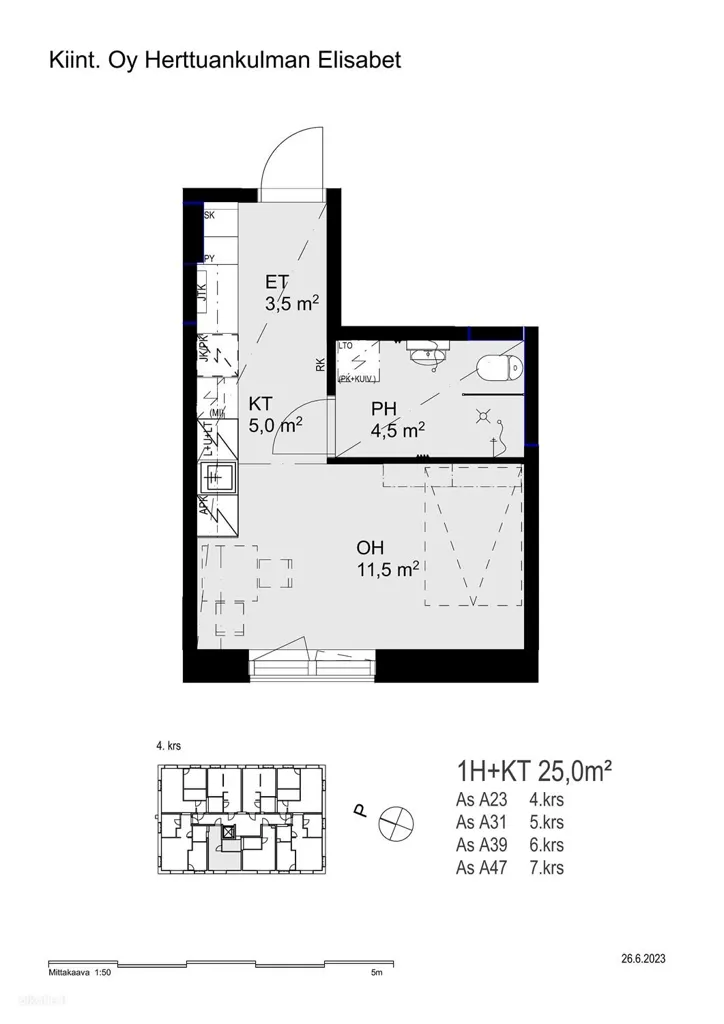 Planimetria - Studio Flat with Balcony in Linnakaupunki, Turku