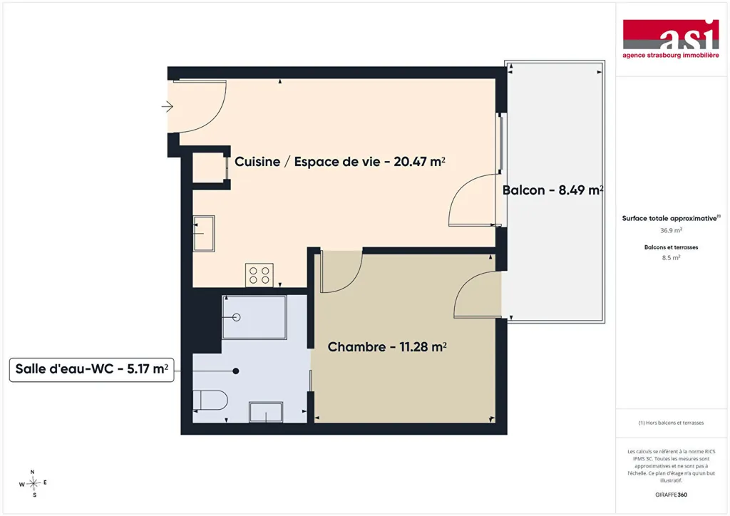 Planimetria - Bright 2-Bedroom Apartment with Balcony in Bischheim