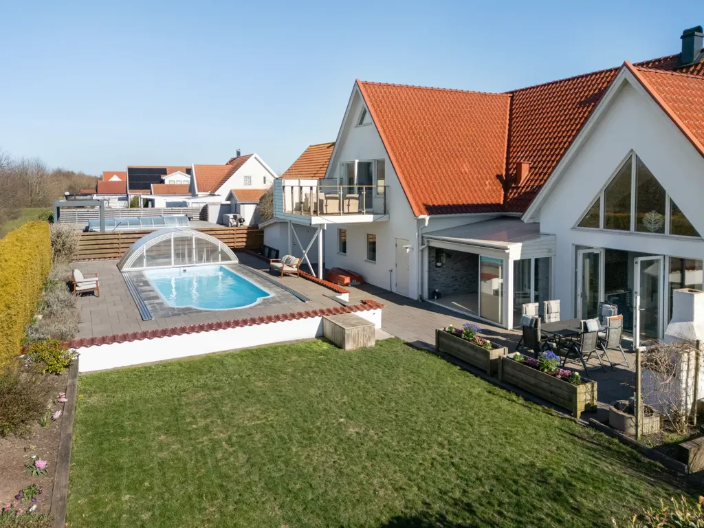 Aerial - Stonework Villa with Pool in Skegrie