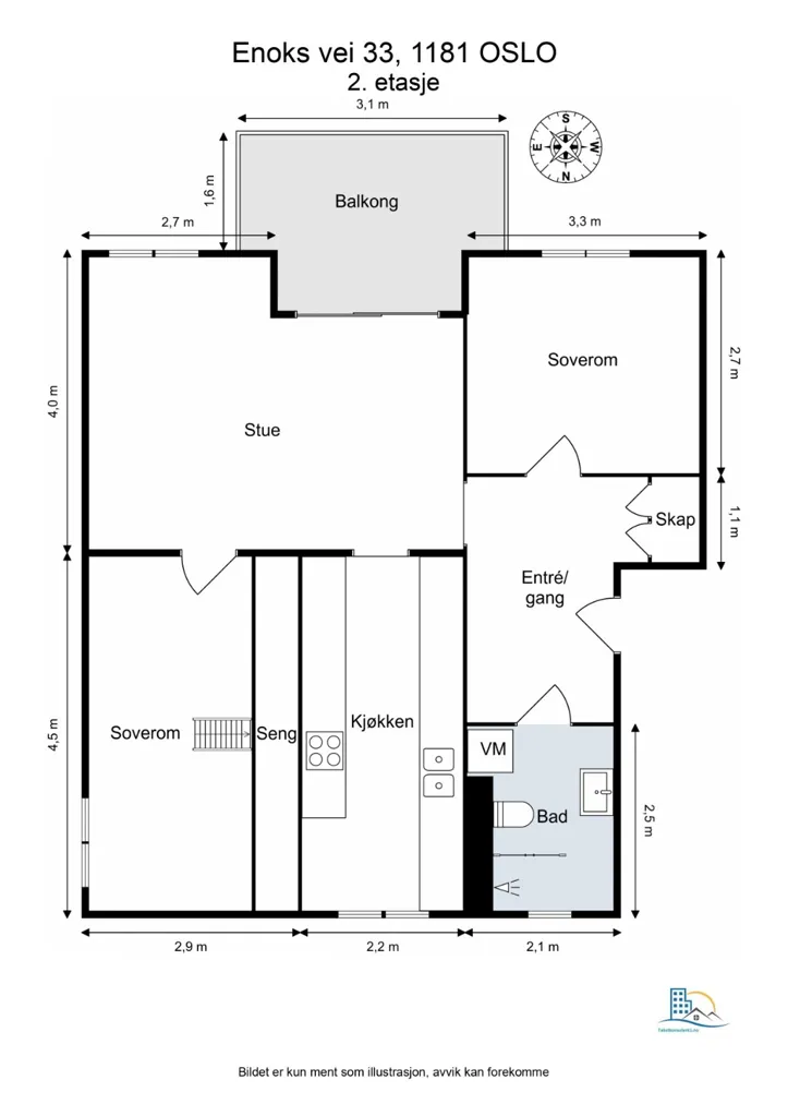 Plaan - 3-Bed Apartment with South-Facing Balcony in Lille Ekeberg