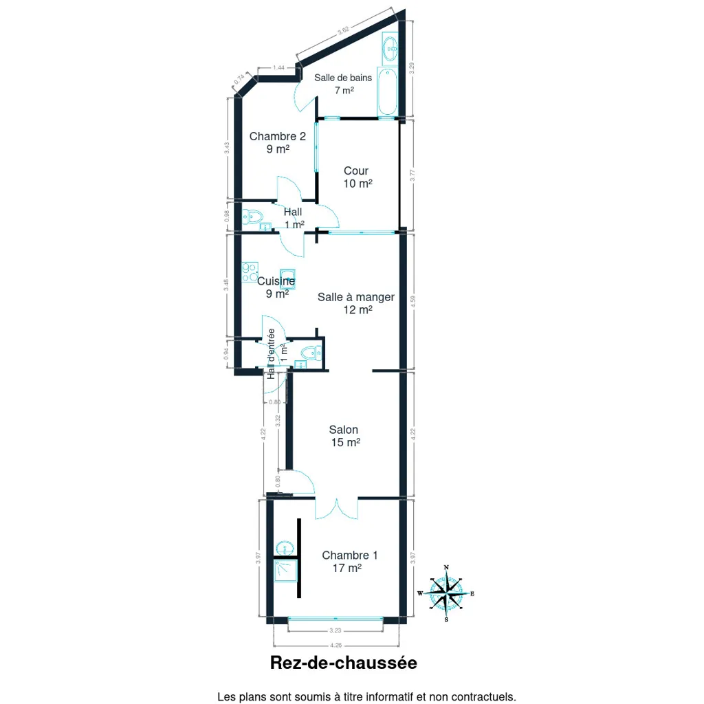 Plan - Appartement de 2 Chambres au Rez-de-Chaussée avec Cour à Evere