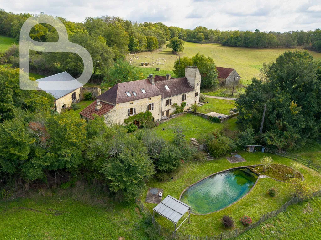Vue aérienne - Domaine en Pierre avec Bassin à Gourdon