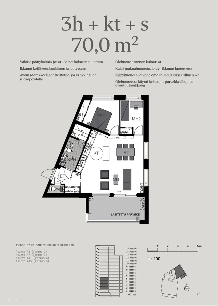 Plaan - Bright Corner Apartment with Balcony in Pasila