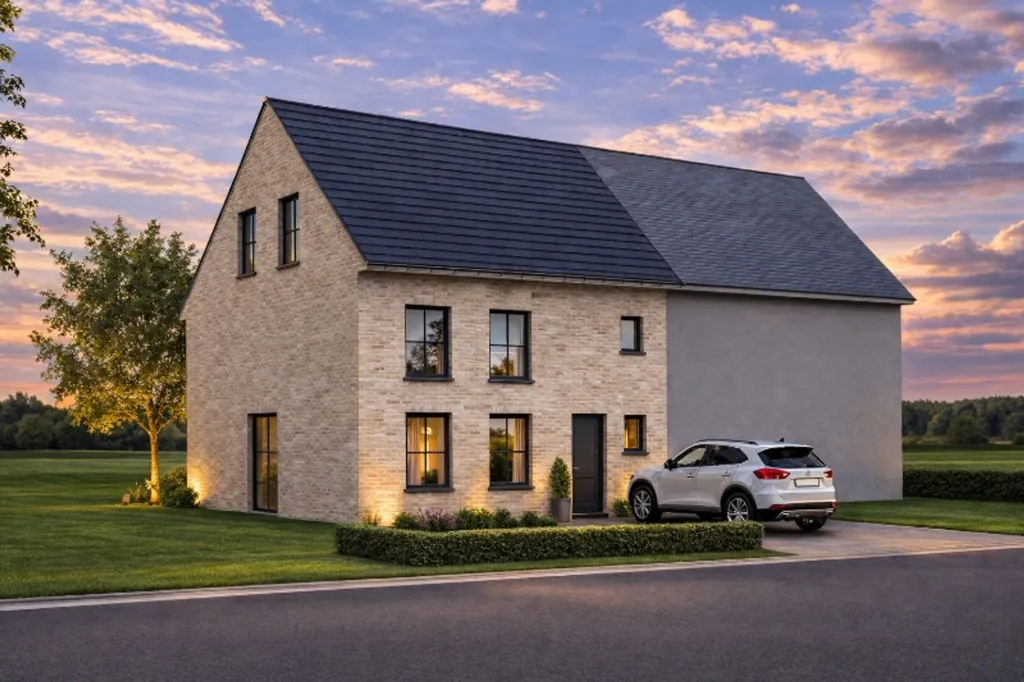 Eco-Friendly Home with Solar Panels in Green Area