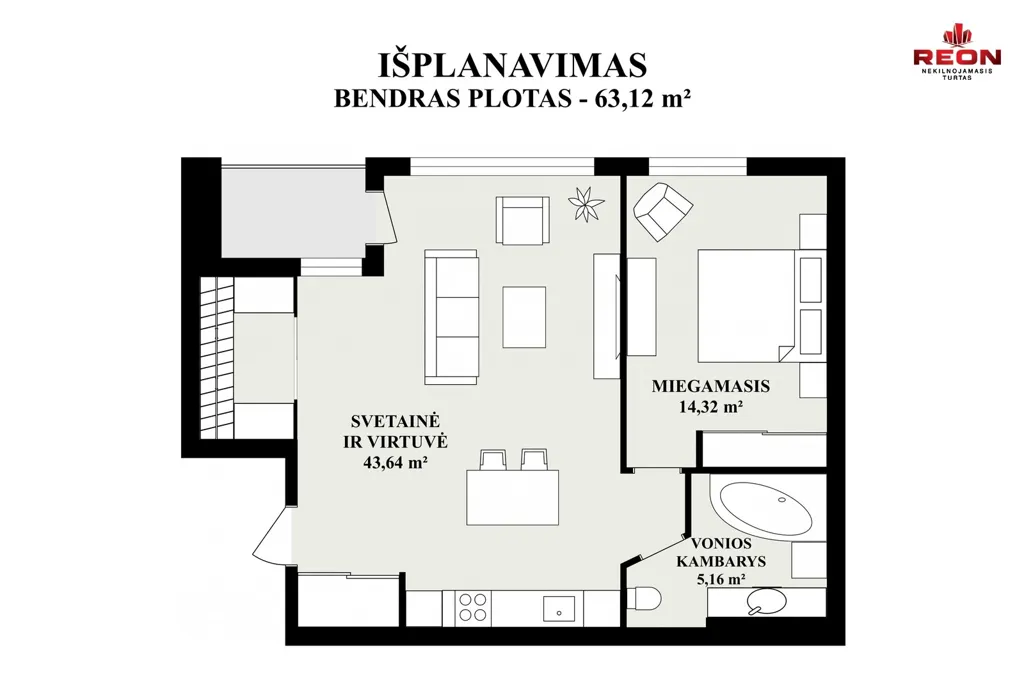 Plan - Spacious Two-Bedroom Flat with Balcony in Vilnius