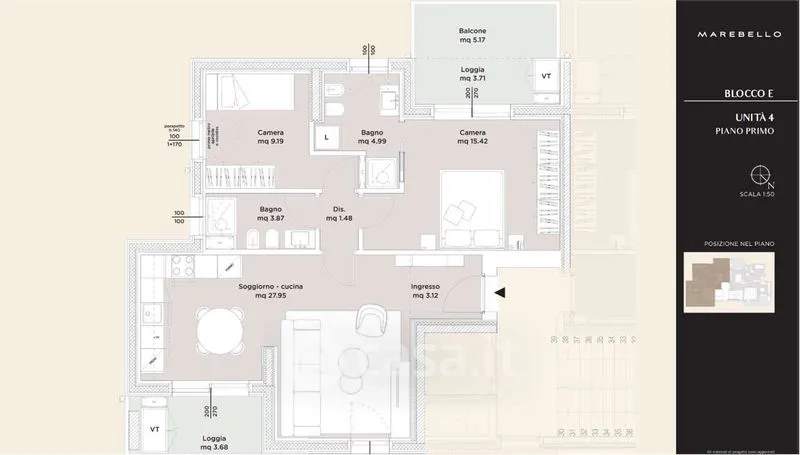 Plan - Design Trilocale with Double Terraces in Rimini