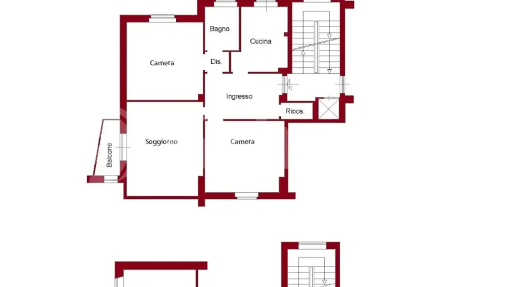 Plan - Rear-Facing Apartment with Balconies in Rome