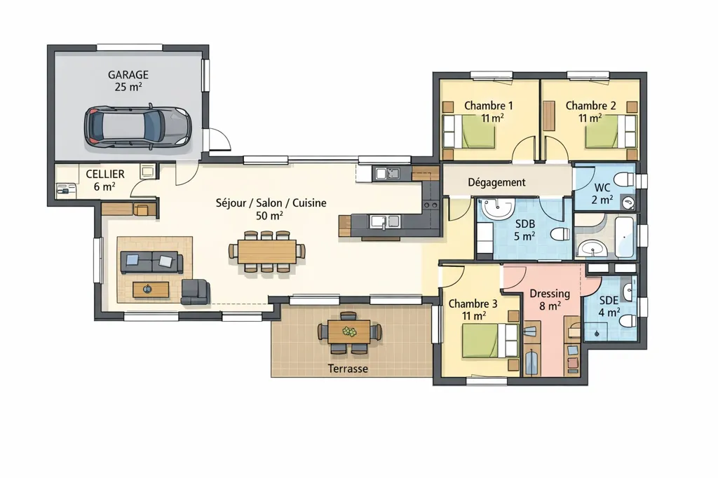 Plaan - Contemporary Flat-Plan House with Garage in Anse