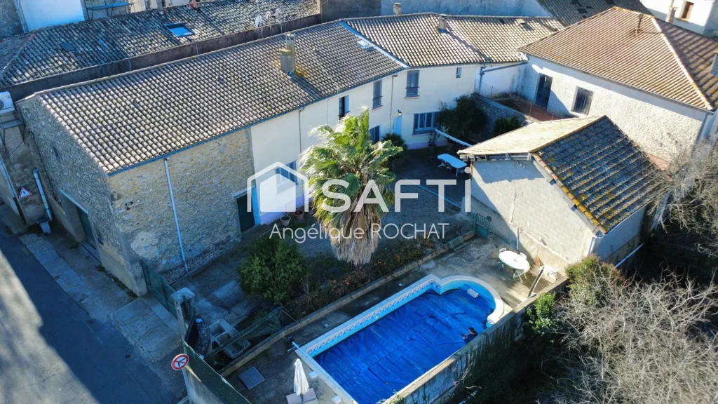 Vue aérienne - Maison Vigneronne avec Piscine à Magalas