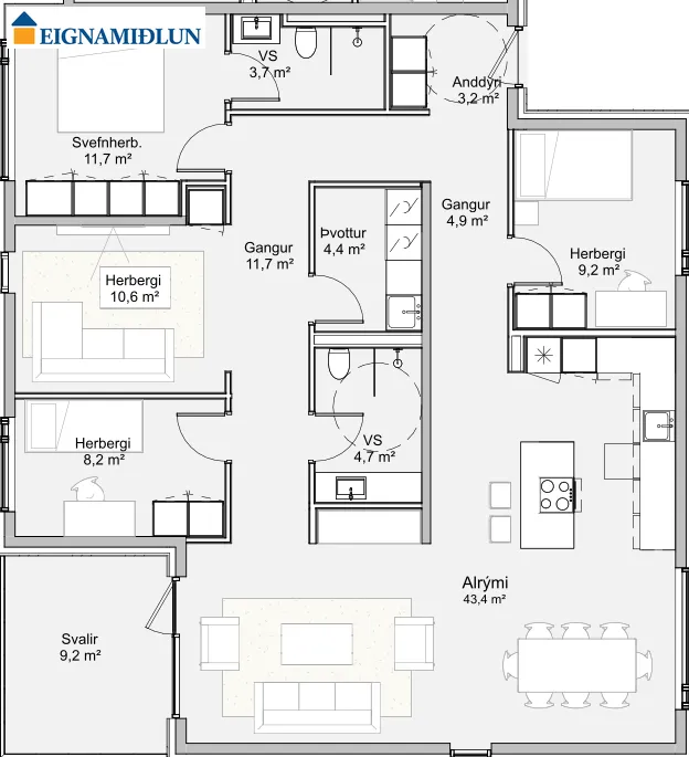 Plan - 5-Bed Apartment with Balcony in Álftanes