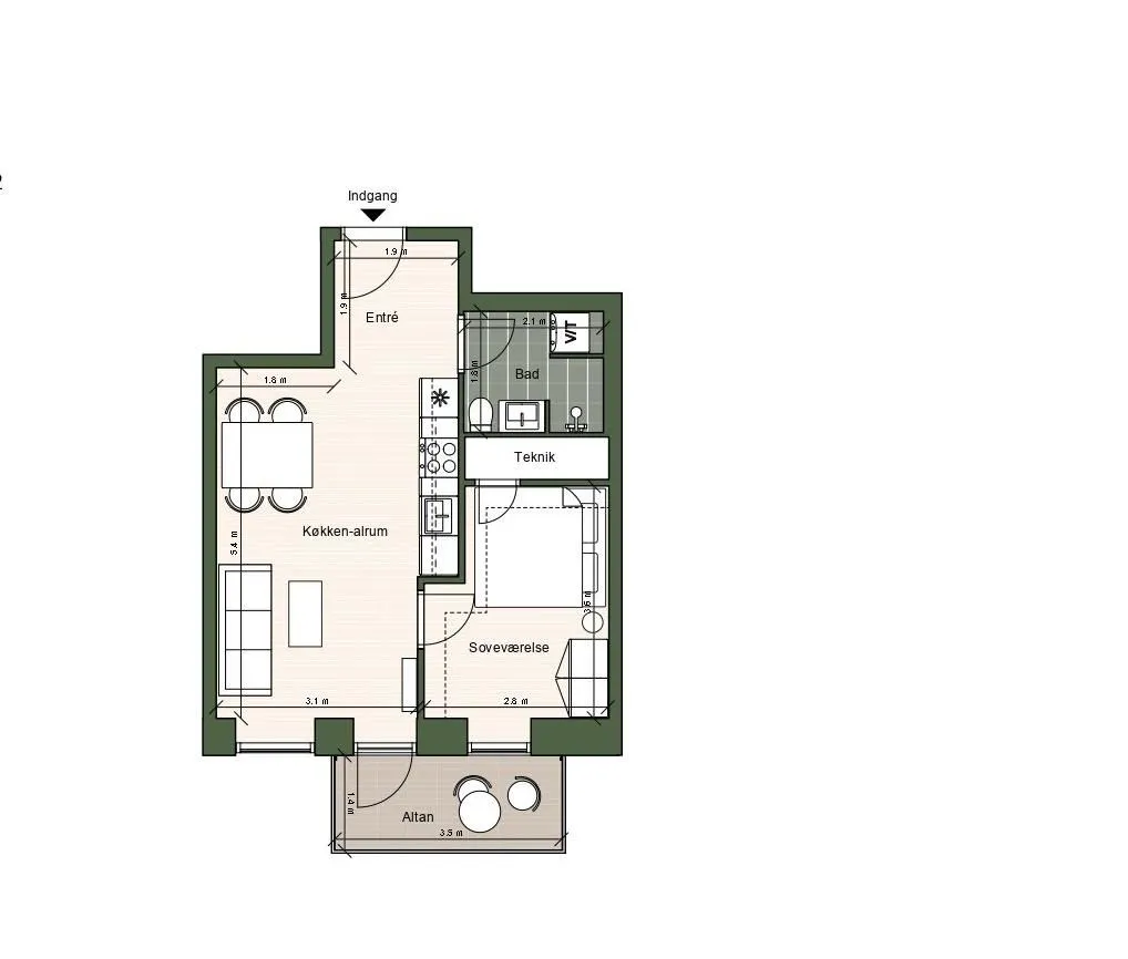 Plan - 2-Bedroom Apartment with Balcony in Herlev