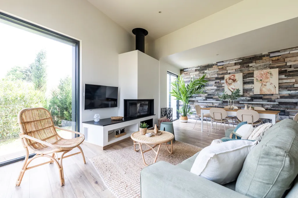 Living Room - Architect's House with Wood Frame in Corbiac