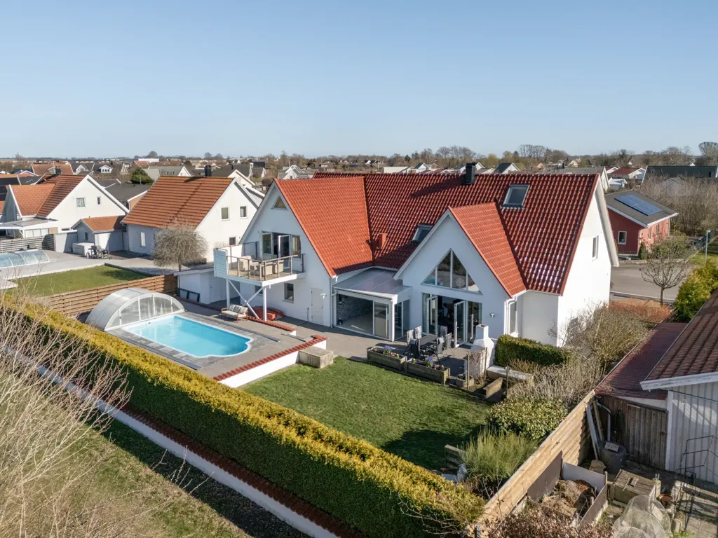 Aerial - Stonework Villa with Pool in Skegrie