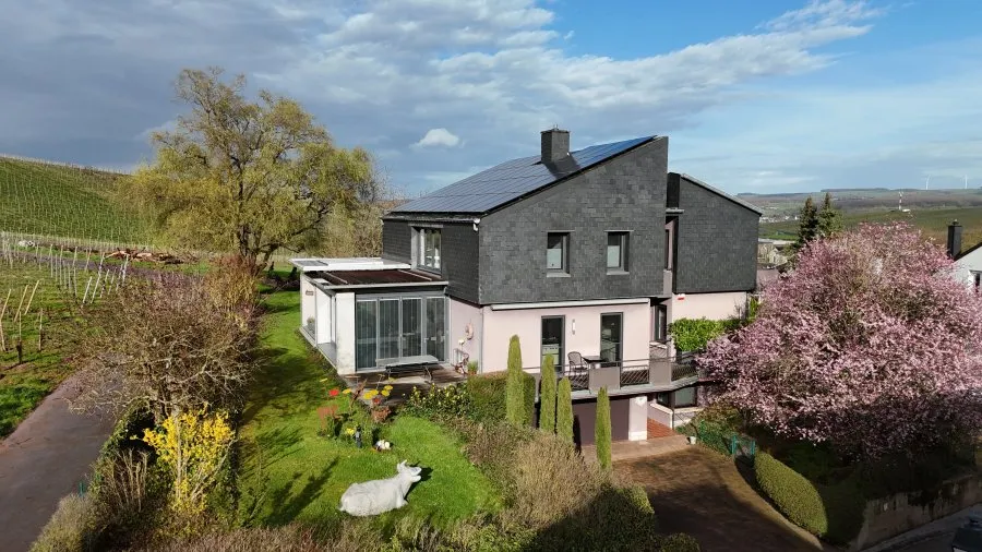 Aerial - Architectural House with Vineyard View in Wellenstein