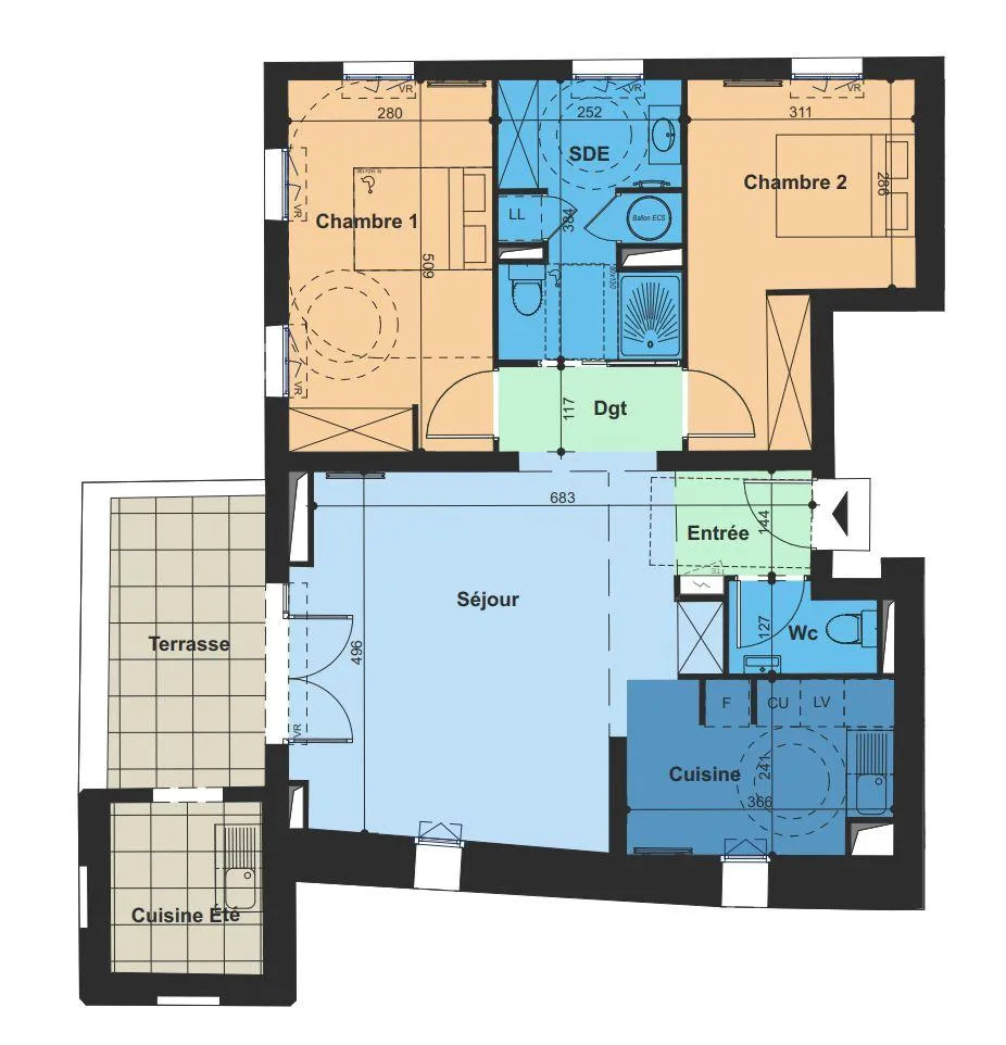 Floor Plan - T3 with Terrace and Parking in Nîmes Courbessac
