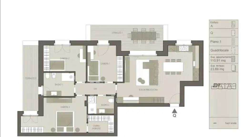 Plan - Contemporary Quadrilocale with Terraces in Treviolo