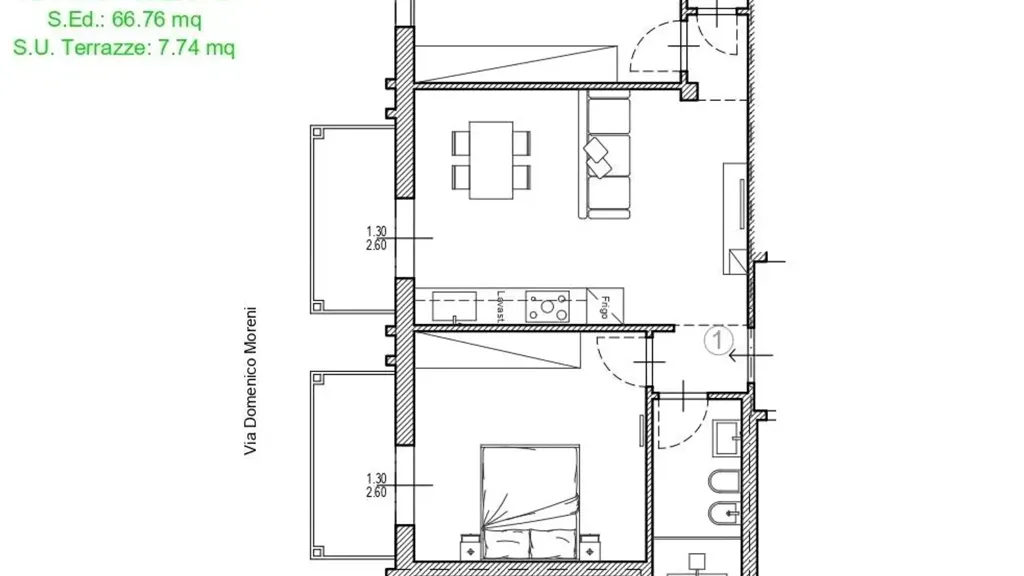 Plaan - Rear-Facing Trilocale with Terraces in Florence