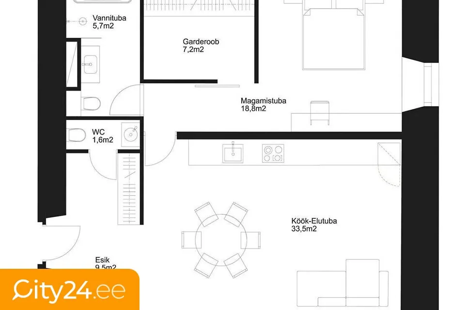 Plaan - 2-toaline korter Kadriorus, Valge 6a/1